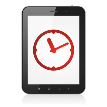 Timeline concept: black tablet pc computer with Clock icon on display. Modern portable touch pad on White background, 3d render