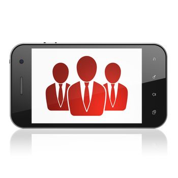 Business concept: smartphone with Business People icon on display. Mobile smart phone on White background, cell phone 3d render