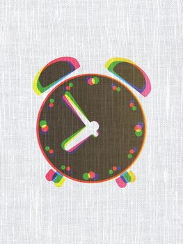 Timeline concept: CMYK Alarm Clock on linen fabric texture background, 3d render