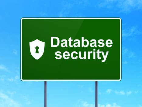 Privacy concept: Database Security and Shield With Keyhole icon on green road (highway) sign, clear blue sky background, 3d render