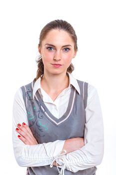Smiling teenager girl in studio. Isolated white background