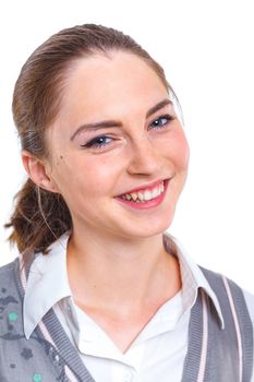 Smiling teenager girl in studio. Isolated white background