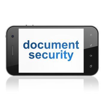 Protection concept: smartphone with text Document Security on display. Mobile smart phone on White background, cell phone 3d render