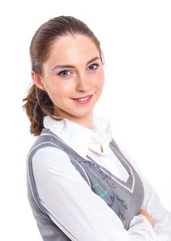 Smiling teenager girl in studio. Isolated white background