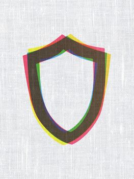 Privacy concept: CMYK Contoured Shield on linen fabric texture background, 3d render