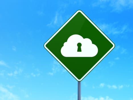 Cloud computing concept: Cloud With Keyhole on green road (highway) sign, clear blue sky background, 3d render