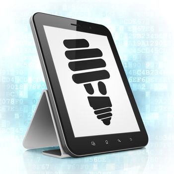 Business concept: black tablet pc computer with Energy Saving Lamp icon on display. Modern portable touch pad on Blue Digital background, 3d render