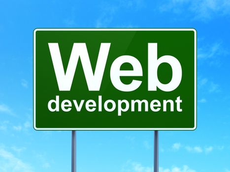 Web design concept: Web Development on green road (highway) sign, clear blue sky background, 3d render