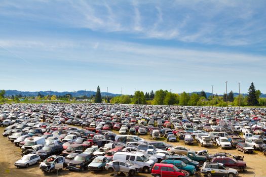 The scene shows many cars and other automobiles in a salvage junk yard where customers can pick and choose part for their vehicle repairs.