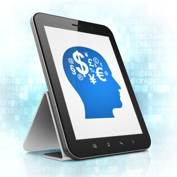 Business concept: black tablet pc computer with Head With Finance Symbol icon on display. Modern portable touch pad on Blue Digital background, 3d render