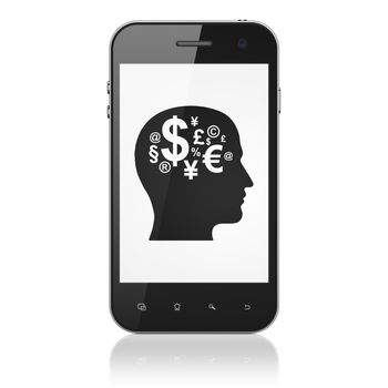 Business concept: smartphone with Head With Finance Symbol icon on display. Mobile smart phone on White background, cell phone 3d render
