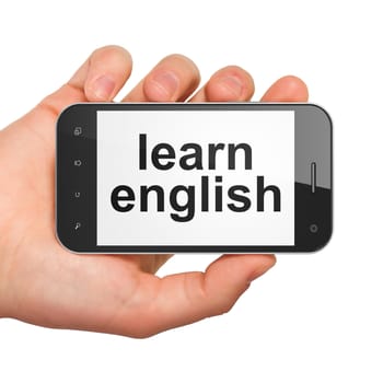 Education concept: hand holding smartphone with word Learn English on display. Mobile smart phone on White background, 3d render