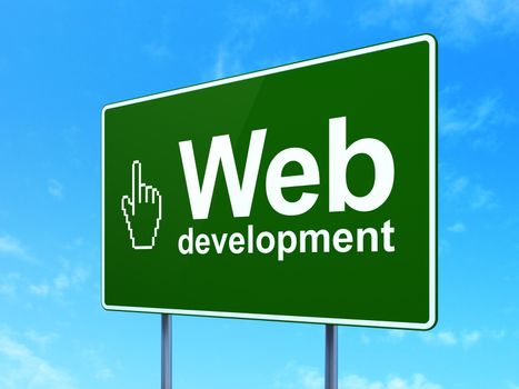 Web development concept: Web Development and Mouse Cursor icon on green road (highway) sign, clear blue sky background, 3d render