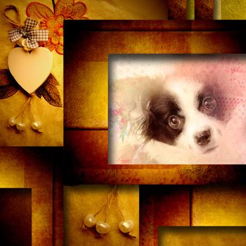 golden tone background card, adorable puppy, vintage style,