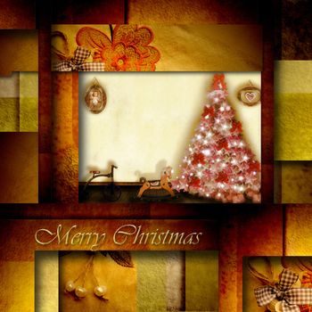 christmas card old toys and fir in the home, in elegant golden background