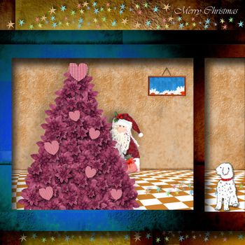 funny Christmas card of Santa Claus leaving gifts in a colorful background with stars and a puppy