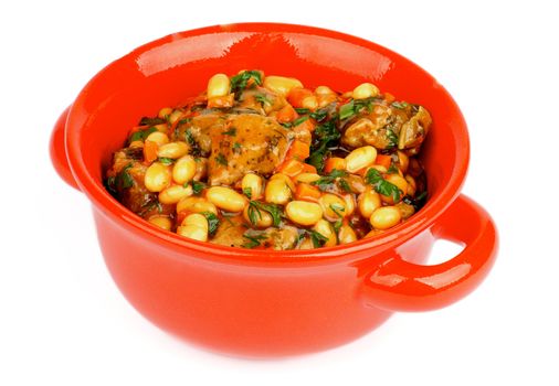 Delicious Homemade White Beans Stew with Beef and Greens in Red Pot isolated on white background