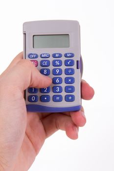 Human hand holding calculator, isolated on white background.