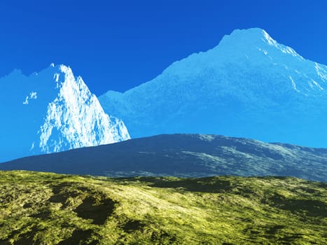 green field and high mountains