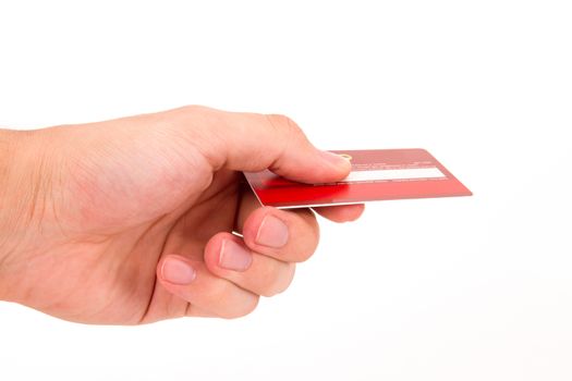 Male hand holding credit card, isolated on white background.