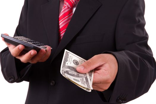 Businessman buying, selling something and giving dollars and holding calculator.