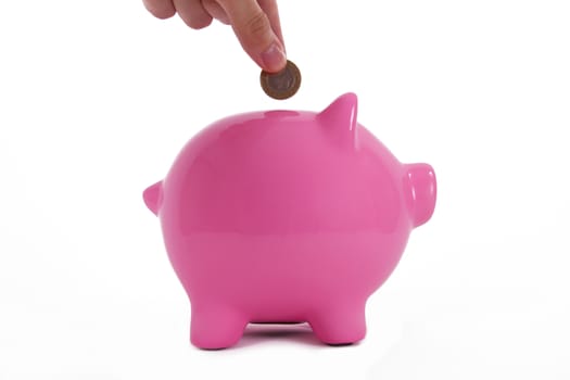 Coin holding by a human hand, fingers and pink piggy bank standing, isolated on white background.