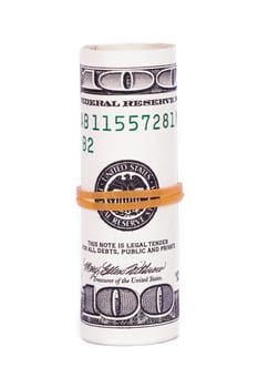 Roll of one hundred dollar banknotes, isolated on white background.