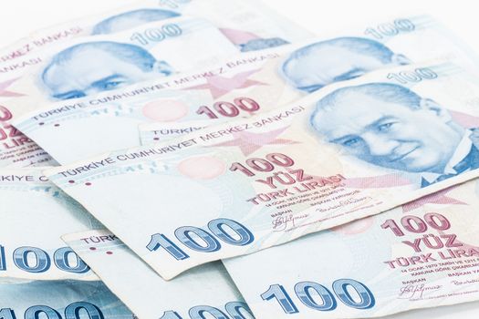 Close up view of one hundred Turkish lira banknotes.