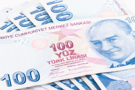 Close up view of one hundred Turkish lira banknotes.