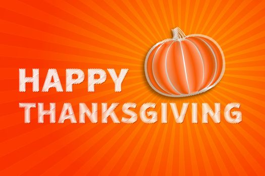 abstract autumn illustration with text happy thanksgiving and striped pumpkin over orange gradient rays