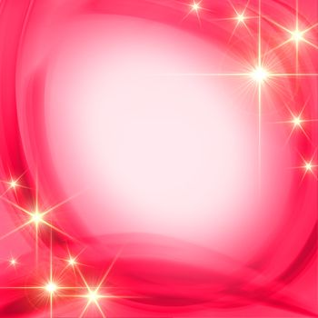 shining golden stars over pink background with feather center - text space, abstract christmas card