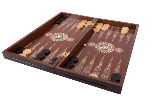 Backgammon set with table, chips and dice at the beginning, isolated on white background.