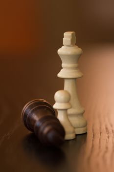 King and pawn defeats dark opponent on wooden table.