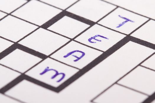 Close up of blank square crossword puzzle and team text.