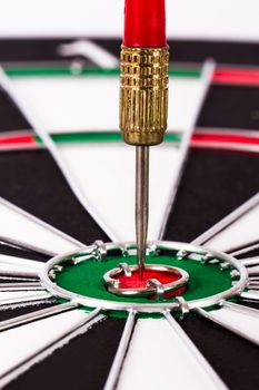 Point of arrow, middle of dart board with black and white sections.