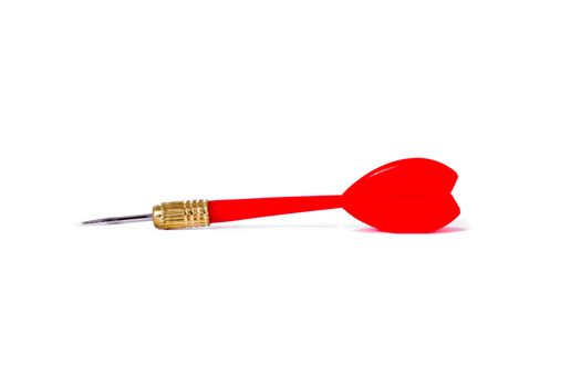 Single, red, plastic dart arrow, isolated on white background.