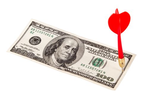 Red, plastic arrow and one hundred dollar bill, isolated on white background.
