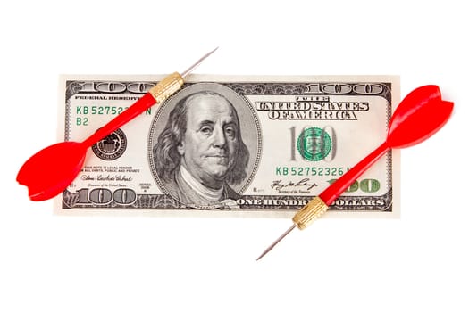 Red, plastic arrow and one hundred dollar bill, isolated on white background.