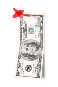 Red, plastic arrow and one hundred dollar bill, isolated on white background.