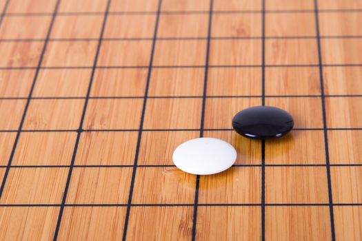 Close up view of black and white stone pieces on Chinese go game board.