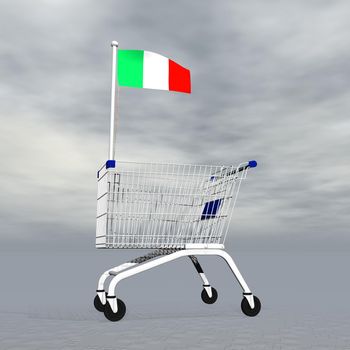 Shopping cart holding italian flag to symbolize commerce in Italy into grey cloudy background