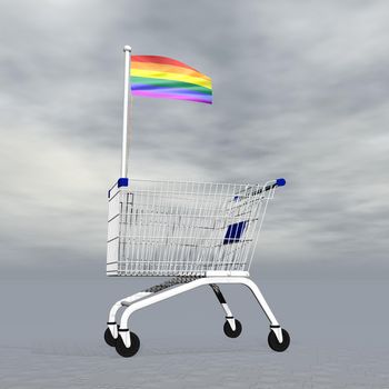 Shopping cart holding gay flag to symbolize homosexual people commerce into grey cloudy background