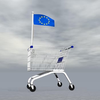 Shopping cart holding european flag to symbolize commerce in Europe into grey cloudy background