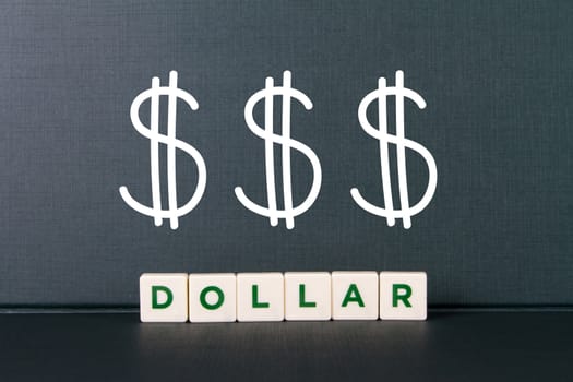 Finance concept, dollar word in letters and financial symbol of dollar.