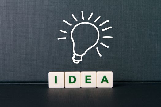 Concept of idea word in letters and sketch of light bulb glowing.