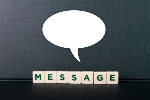 Message word in letters with white speech bubble.