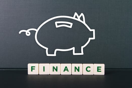 Finance word in letters and sketch of piggy bank.