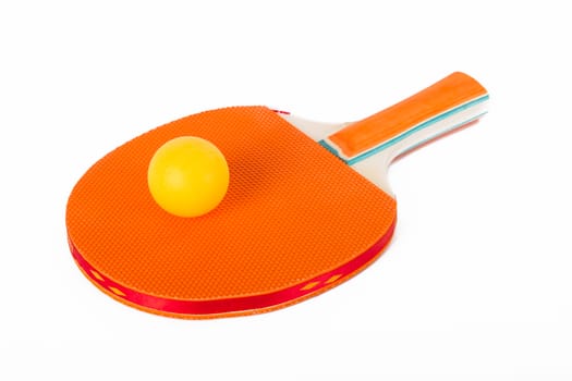 Single, orange table tennis racket with ball, isolated on white background.