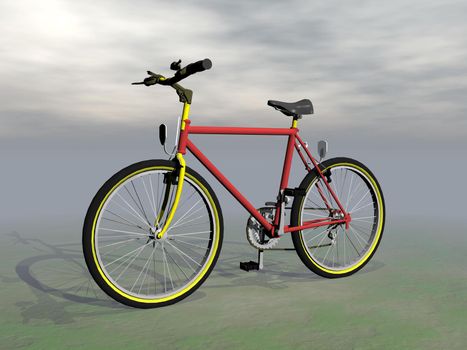 Red mountain bike in grey cloudy background