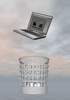 Throwing laptop to the rubbish in grey background